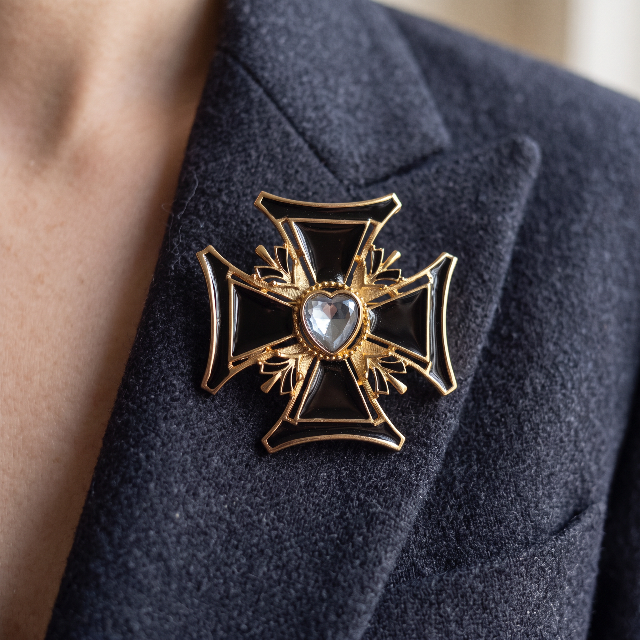 Vintage Black Enamel Maltese Cross Brooch with Blue Crystal Heart