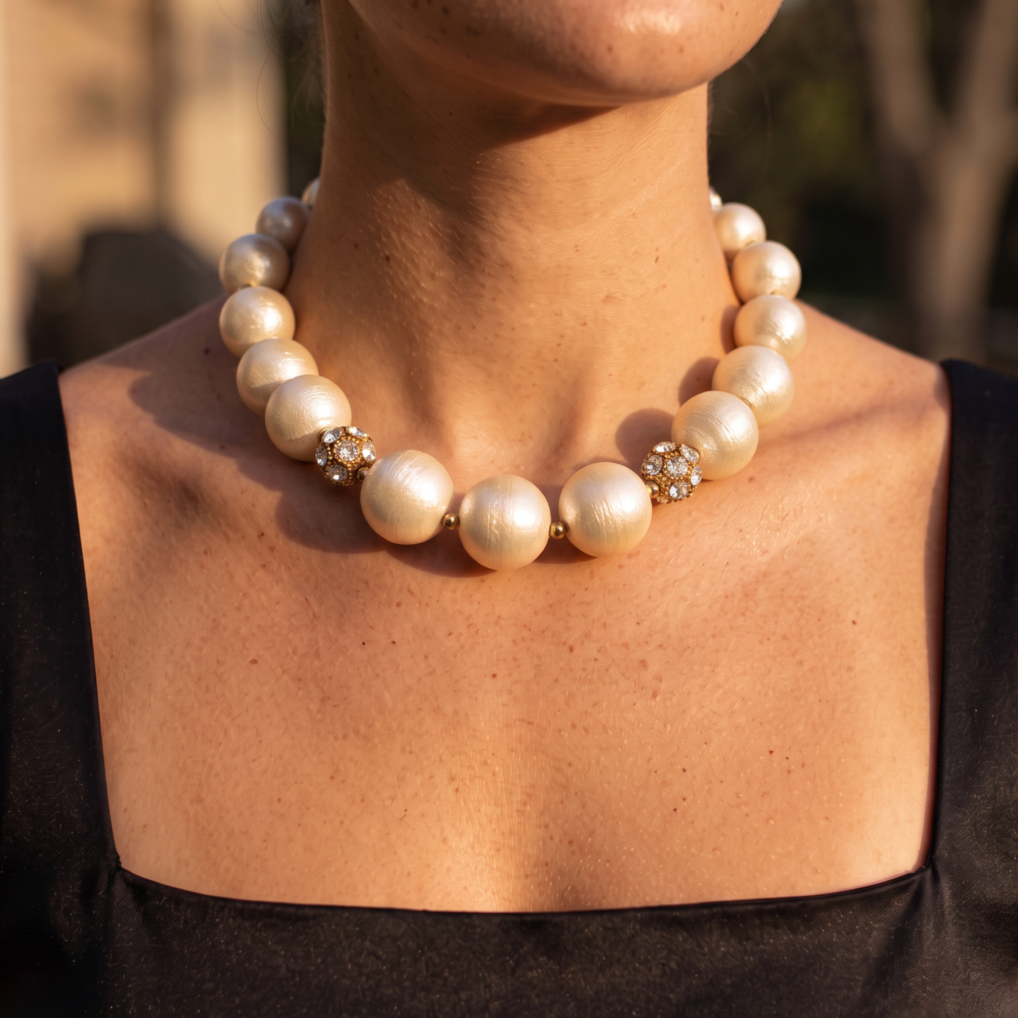 A close-up of a woman wearing a pearl necklace with gold-toned crystal spacer details, styled with a black sleeveless top.