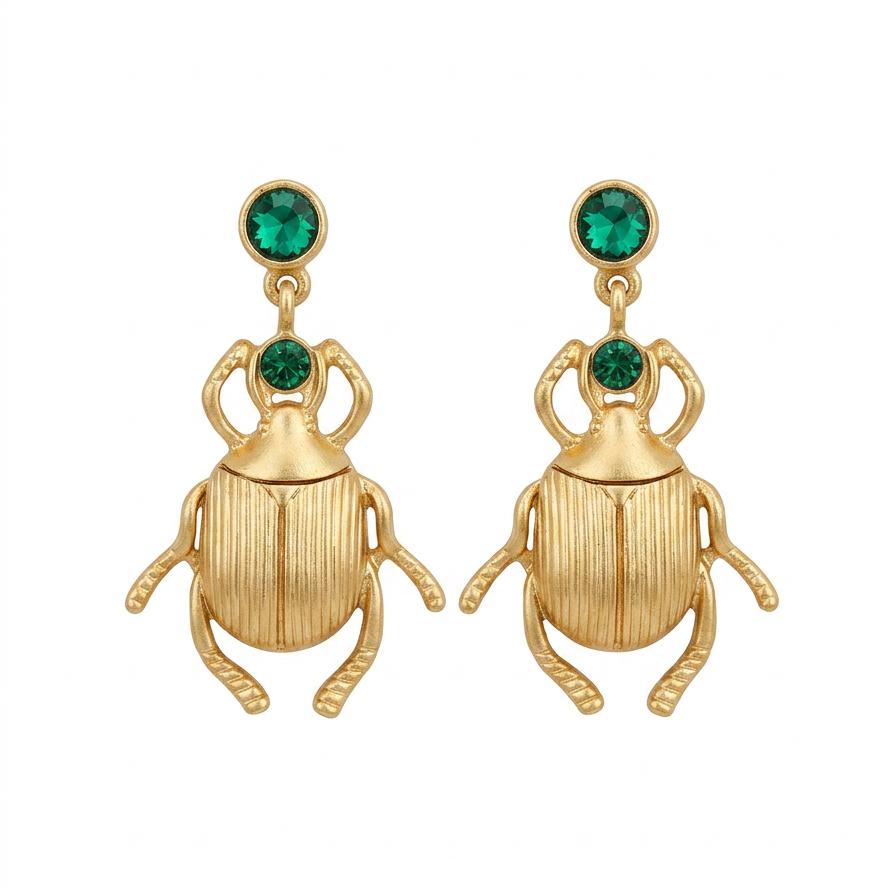 A pair of gold beetle-shaped drop earrings with green gemstone accents, displayed against a solid white background.