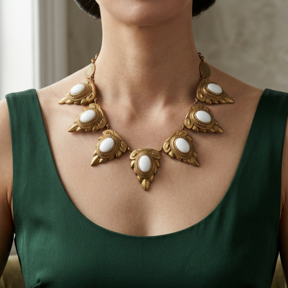 Vintage 1950s Ornate Brass & White Enamel Collar Necklace