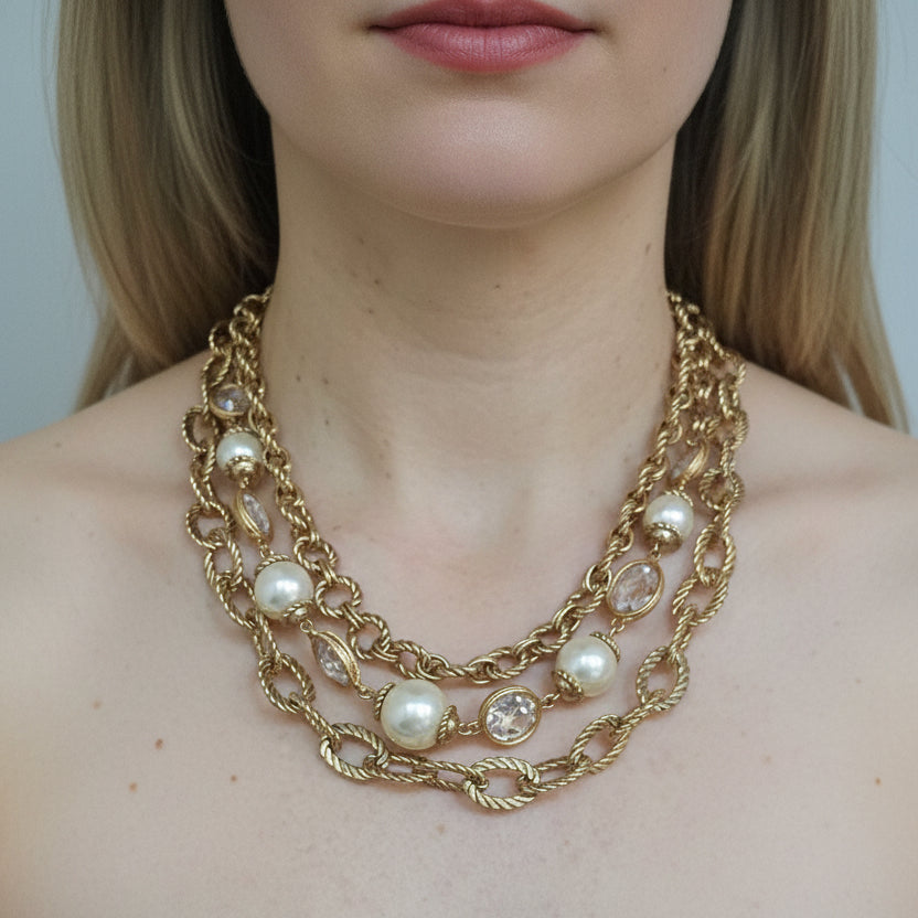 Triple Strand Gold and Pearl Vintage Necklace