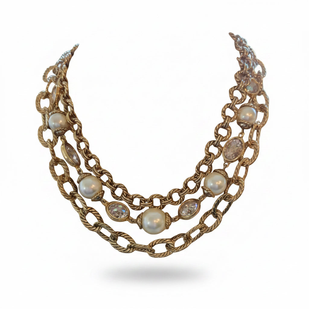 Triple Strand Gold and Pearl Vintage Necklace