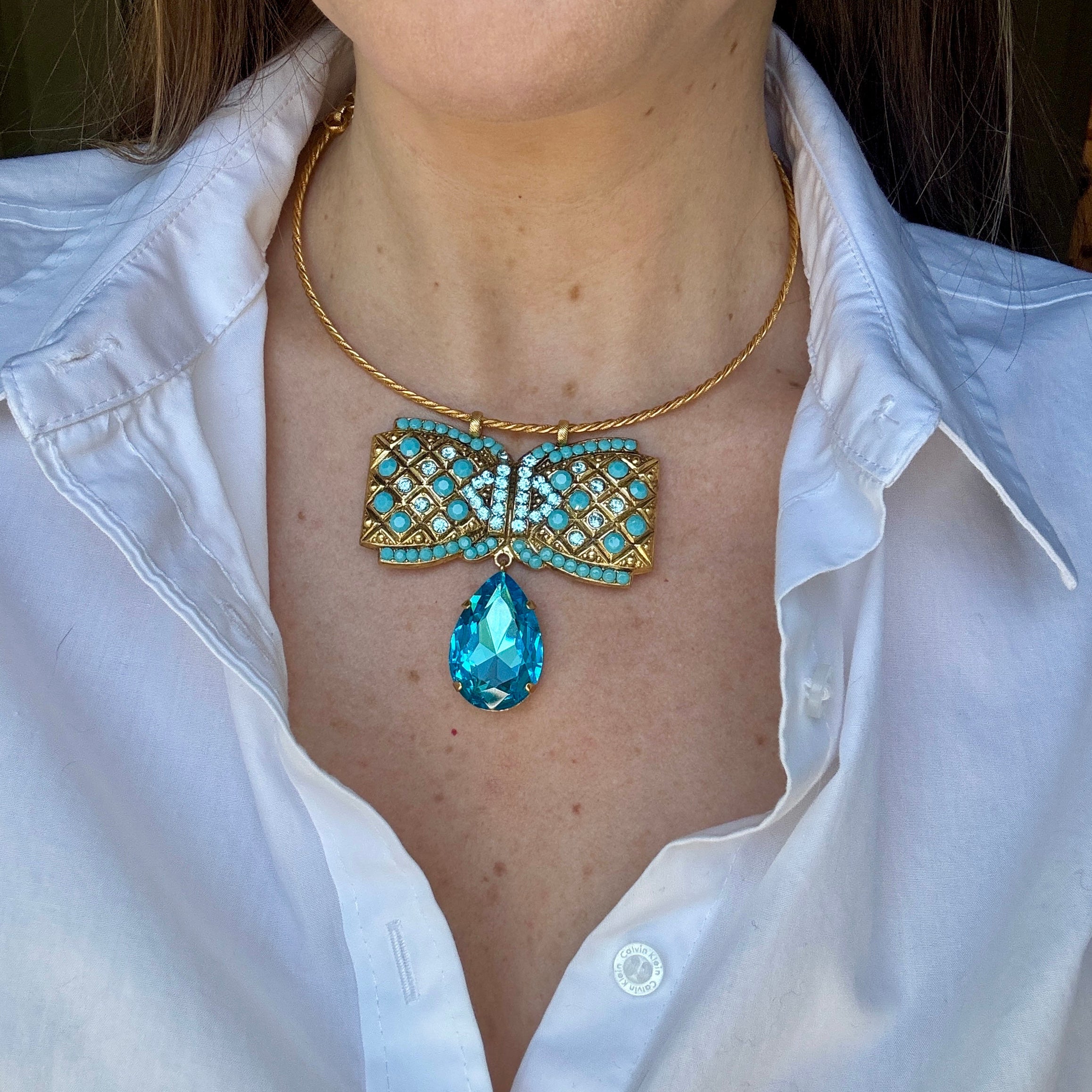 Marie Crystal Bow Necklace Blue or Pink