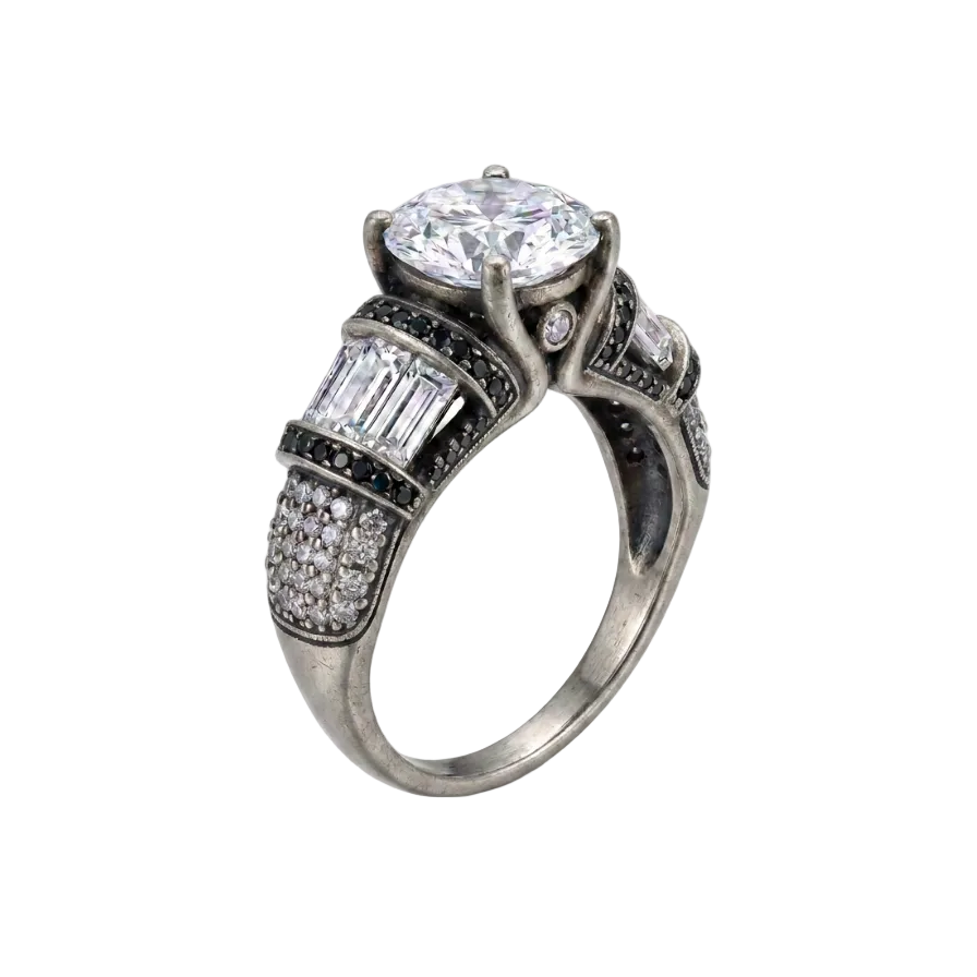 Vintage Silver Ring with Round Crystal and Onyx Detail