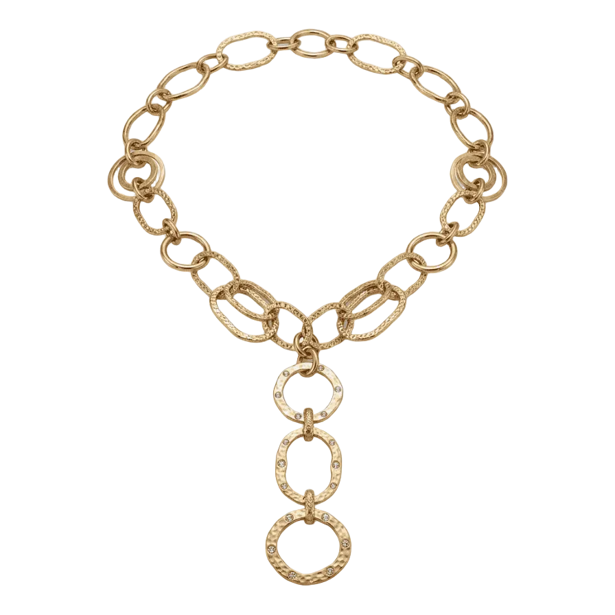 Vintage Hammered Gold-Tone Link Statement Necklace with Crystal Accents