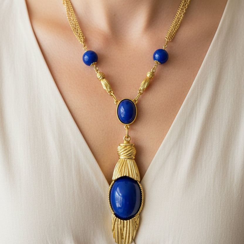 Vintage 60s Blue Tassel Pendant Necklace