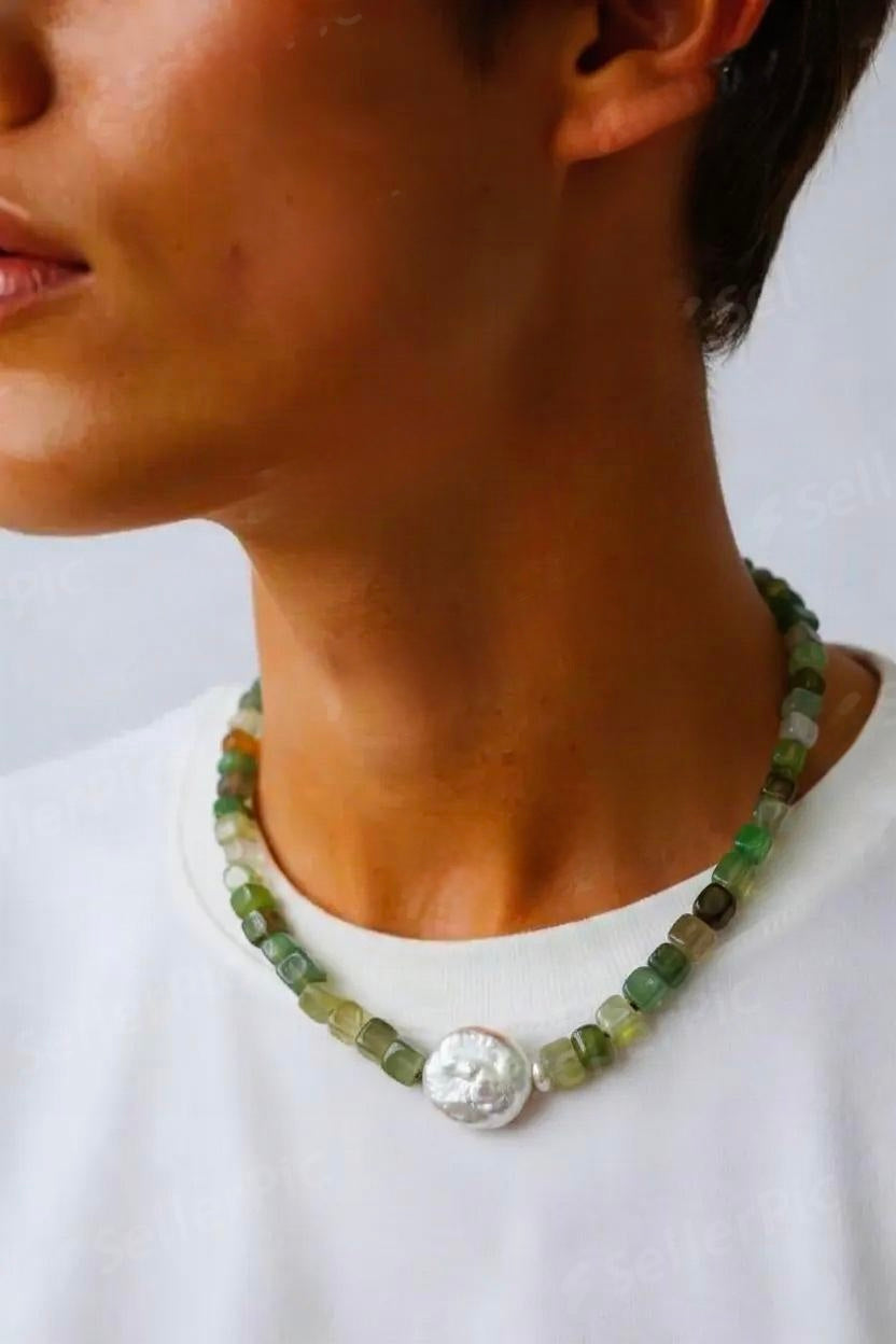 Green Aventurine Stone and Baroque Pearl Necklace