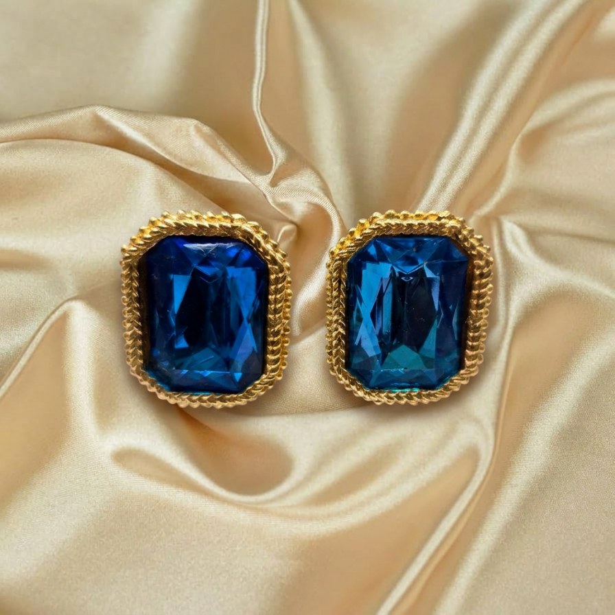 Vintage Emerald-Cut Blue Crystal Earrings
