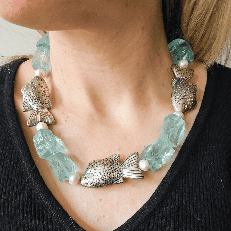 80s Vintage Aquamarine and Silver Fish Charm Necklace