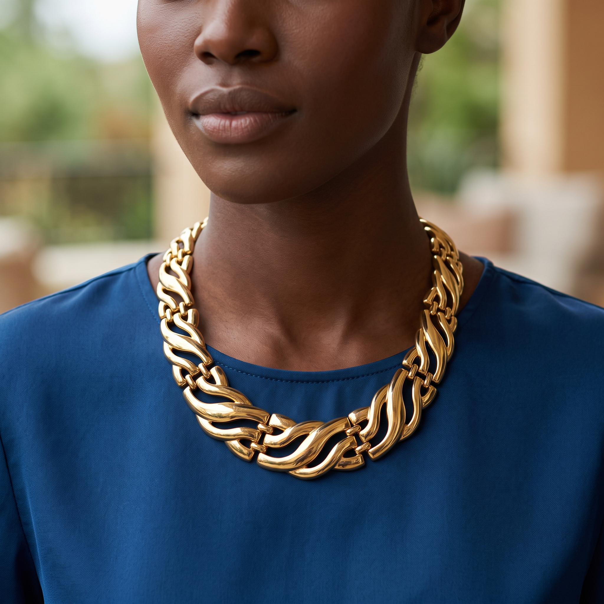 A close-up of a woman wearing a chunky, wavy gold chain collar necklace over a blue top, with a softly blurred outdoor background.