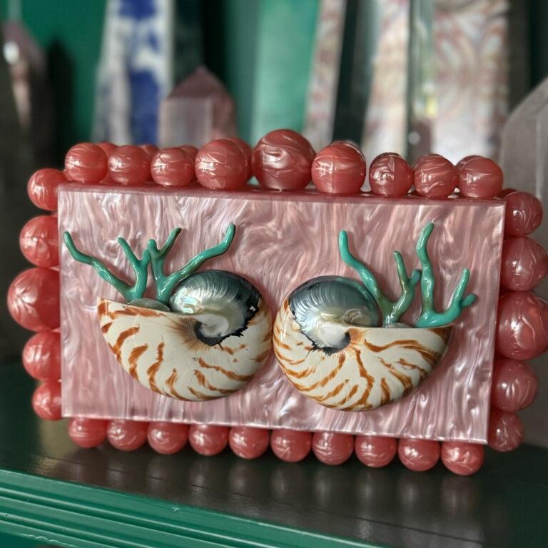 Custom Shell Clutch Purse With Pearls and Coral
