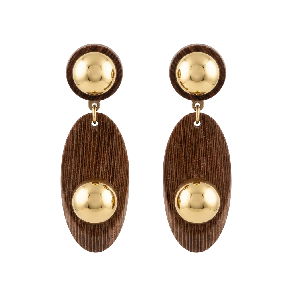 A pair of drop earrings featuring dark brown wood-grain oval plates with polished gold-tone circular studs at the top and bottom, shown against a plain white background.