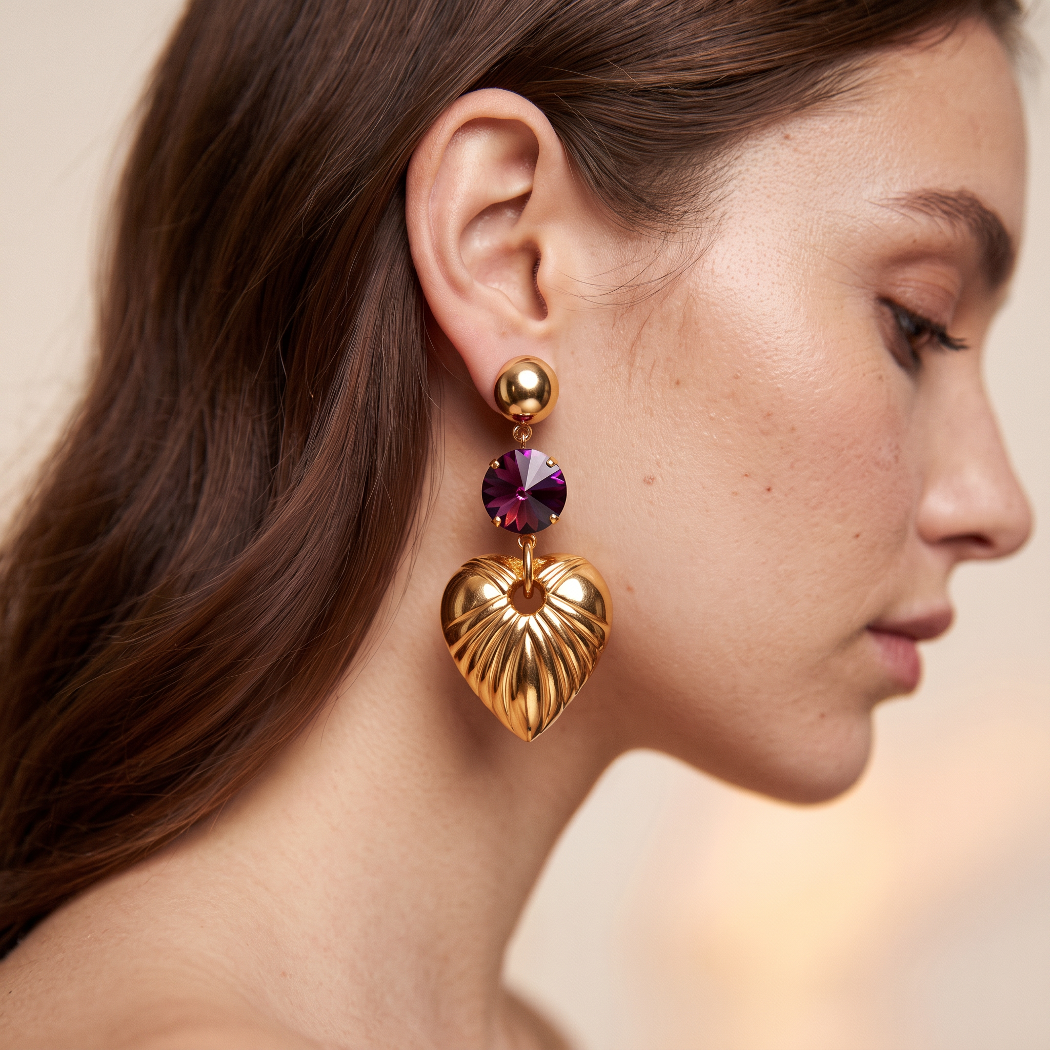 Vintage Italian Purple Crystal Heart Drop Post Earrings