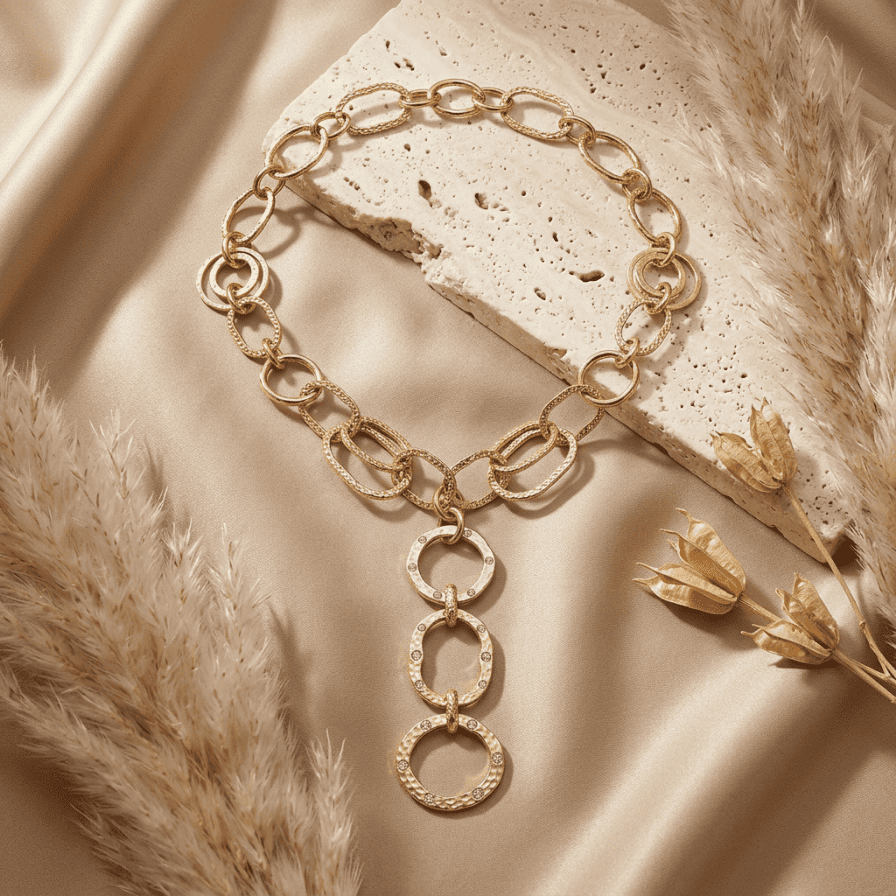 Vintage Hammered Gold-Tone Link Statement Necklace with Crystal Accents