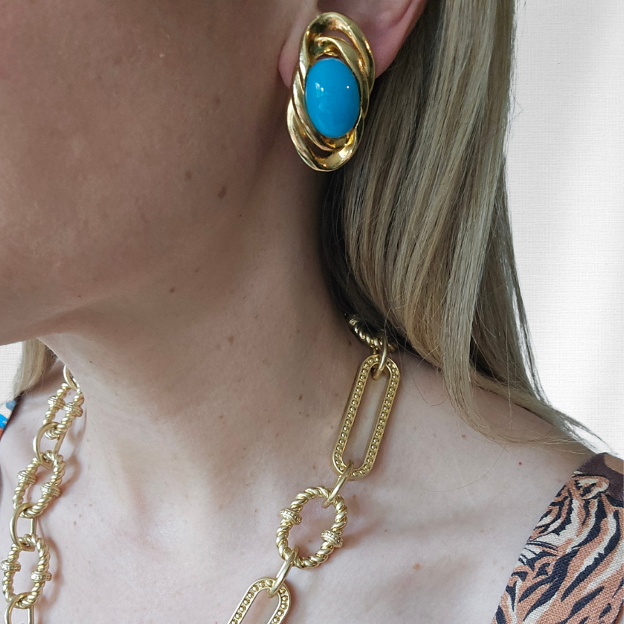 Vintage Gold Tone andTurquoise Oval Earrings