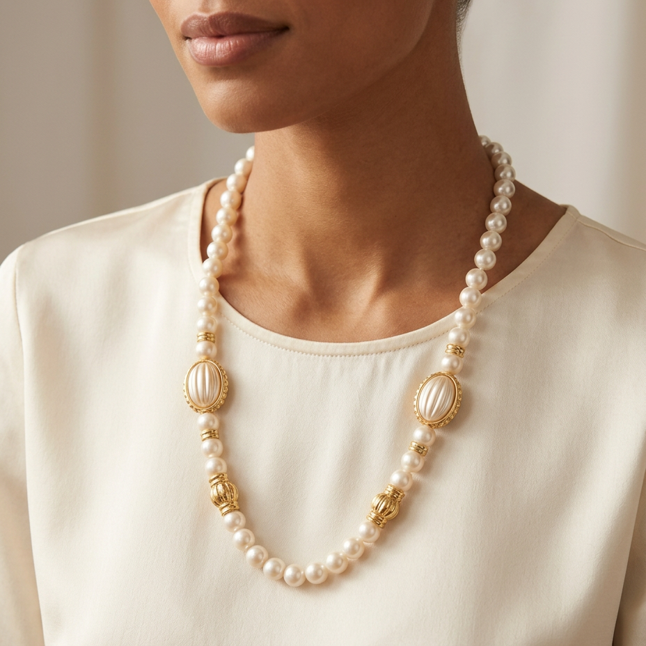 A close-up of a model wearing a double-strand pearl necklace with gold-toned oval and geometric accents, paired with a cream-colored top.