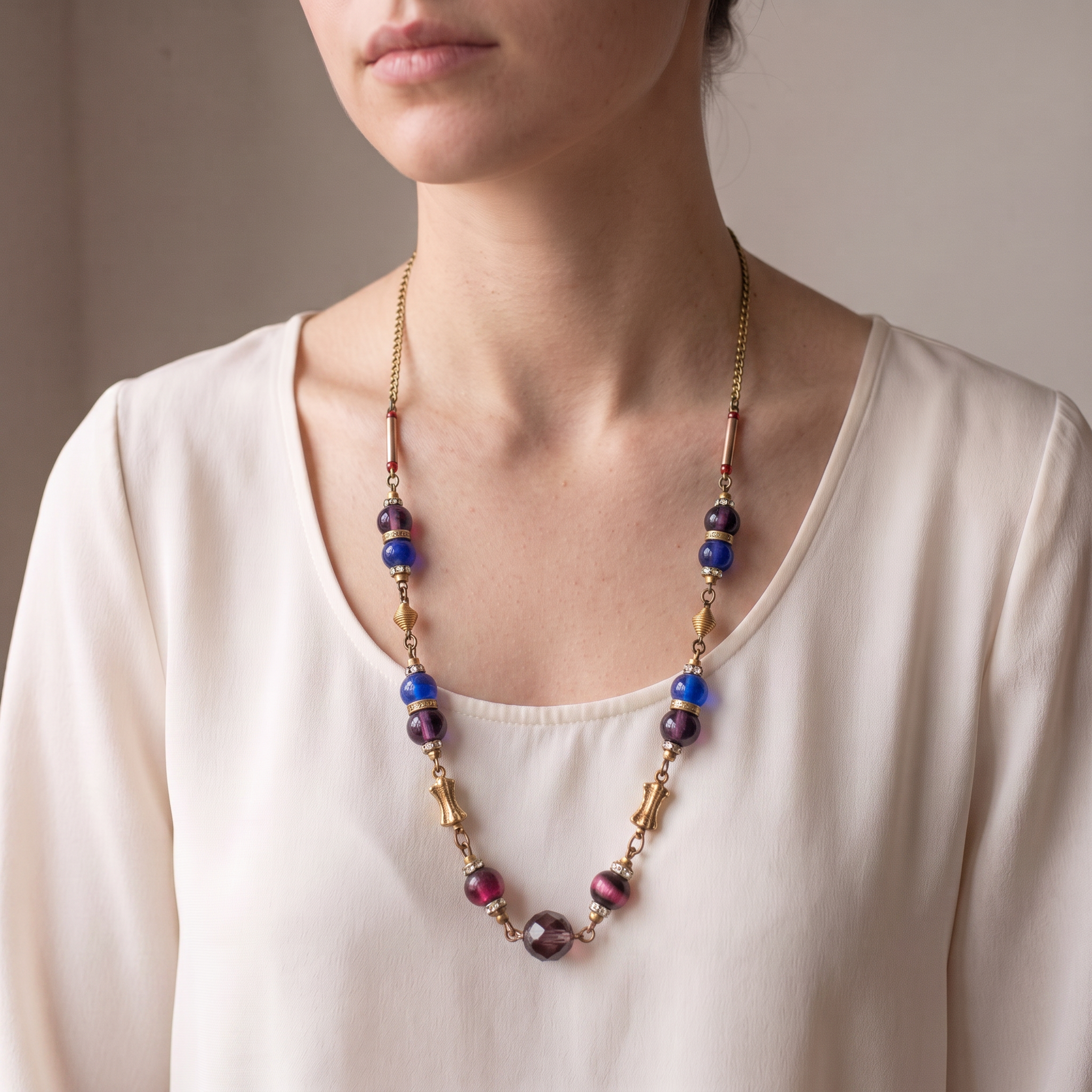 A close-up of a model wearing a gold chain necklace with blue and purple marbled glass beads, paired with a cream-colored blouse.