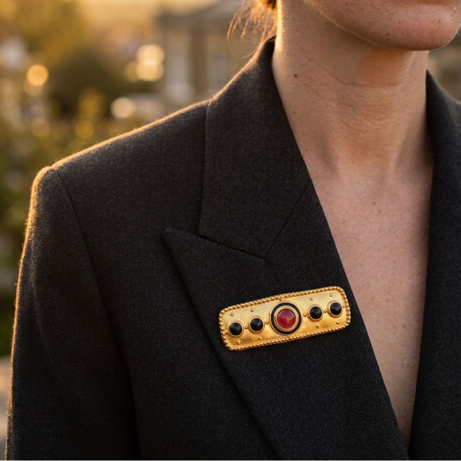 A close-up lifestyle shot of a woman wearing a black blazer and a gold-toned rectangular lapel pin with a central red gemstone and surrounding black stones, set against a warm, blurred outdoor background at sunset.