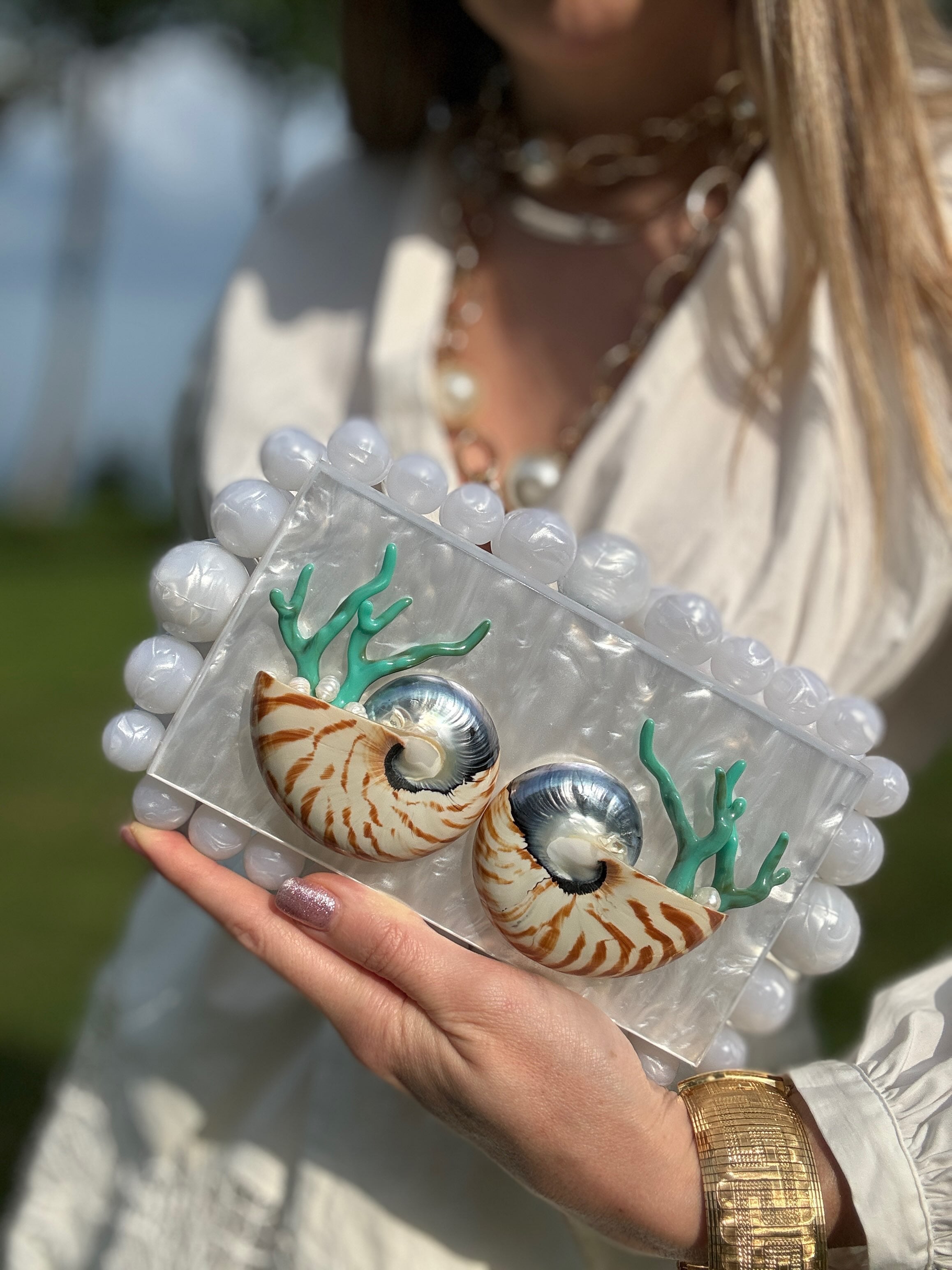 Custom Shell Clutch Purse With Pearls and Coral