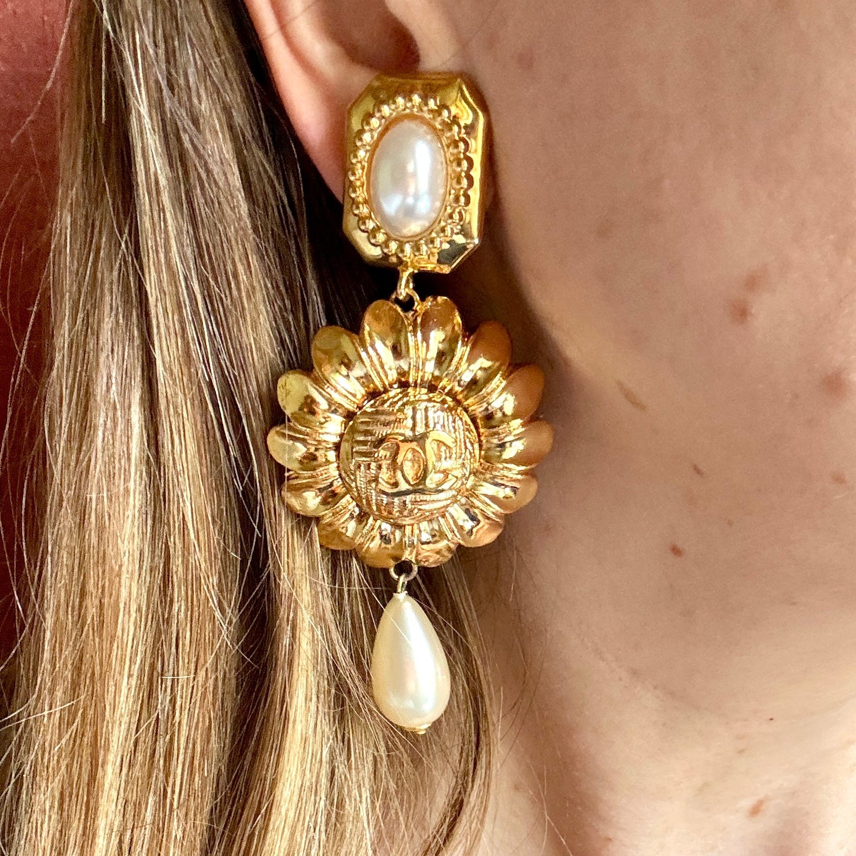 Vintage Chanel Button Flower Pearl Drop Earrings