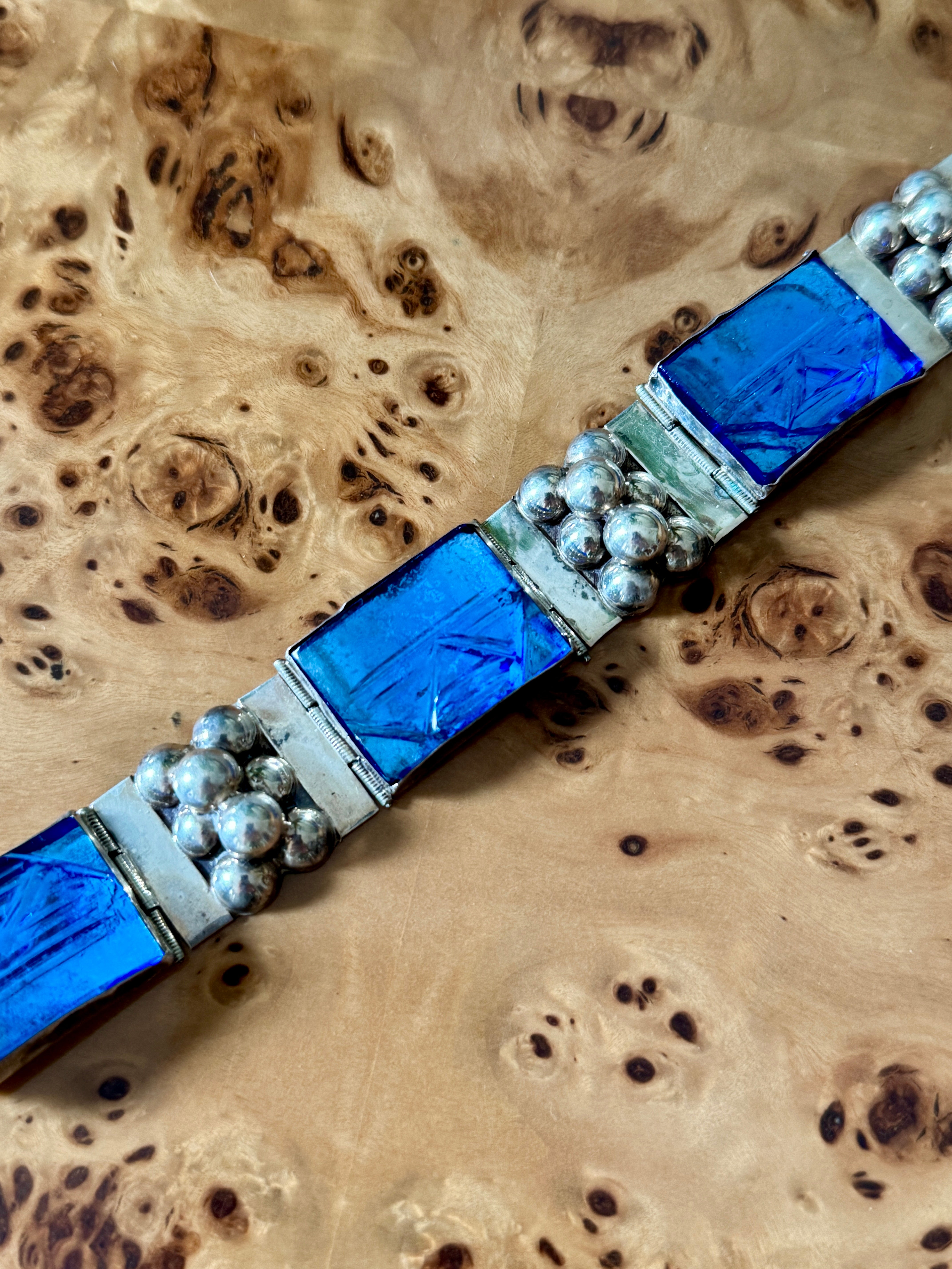 Vintage 1940s Mexican Sterling Silver & Blue Glass Bracelet