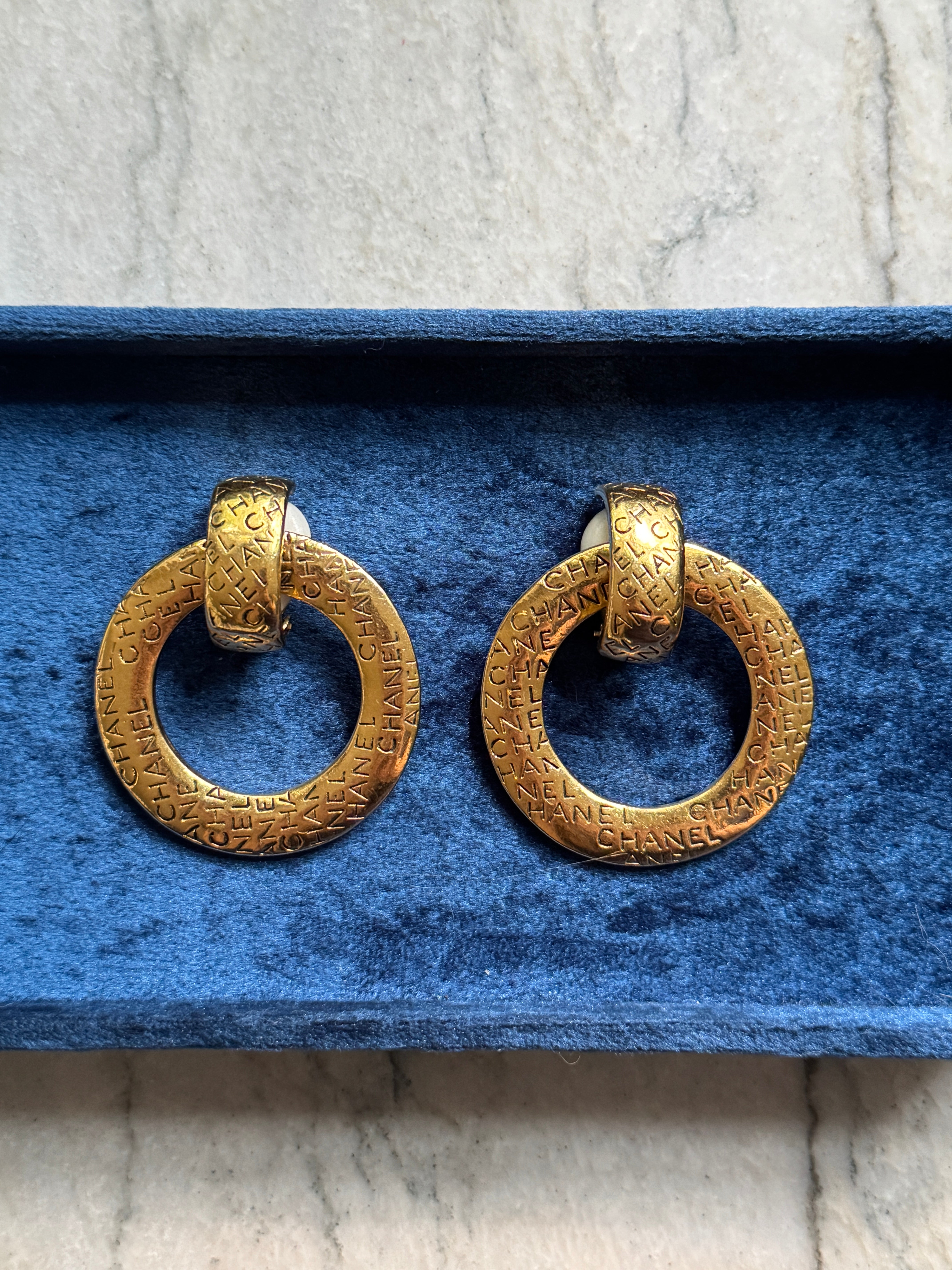 Vintage Chanel Large Gold Logo Hoop Earrings