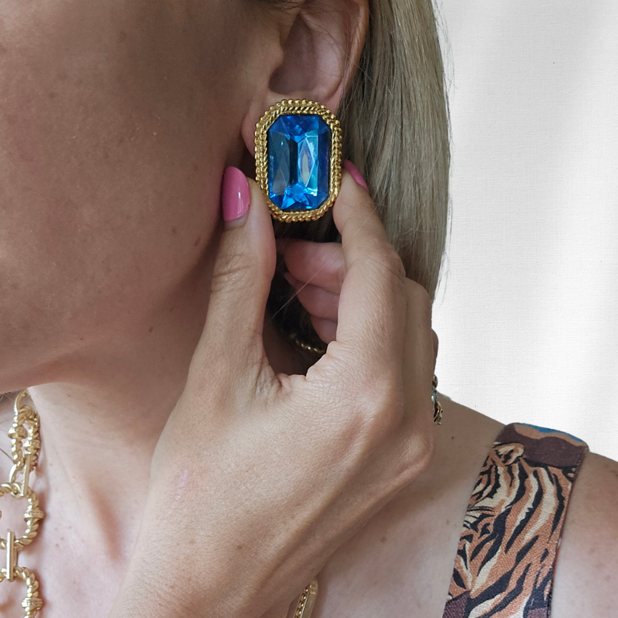 Vintage Emerald-Cut Blue Crystal Earrings
