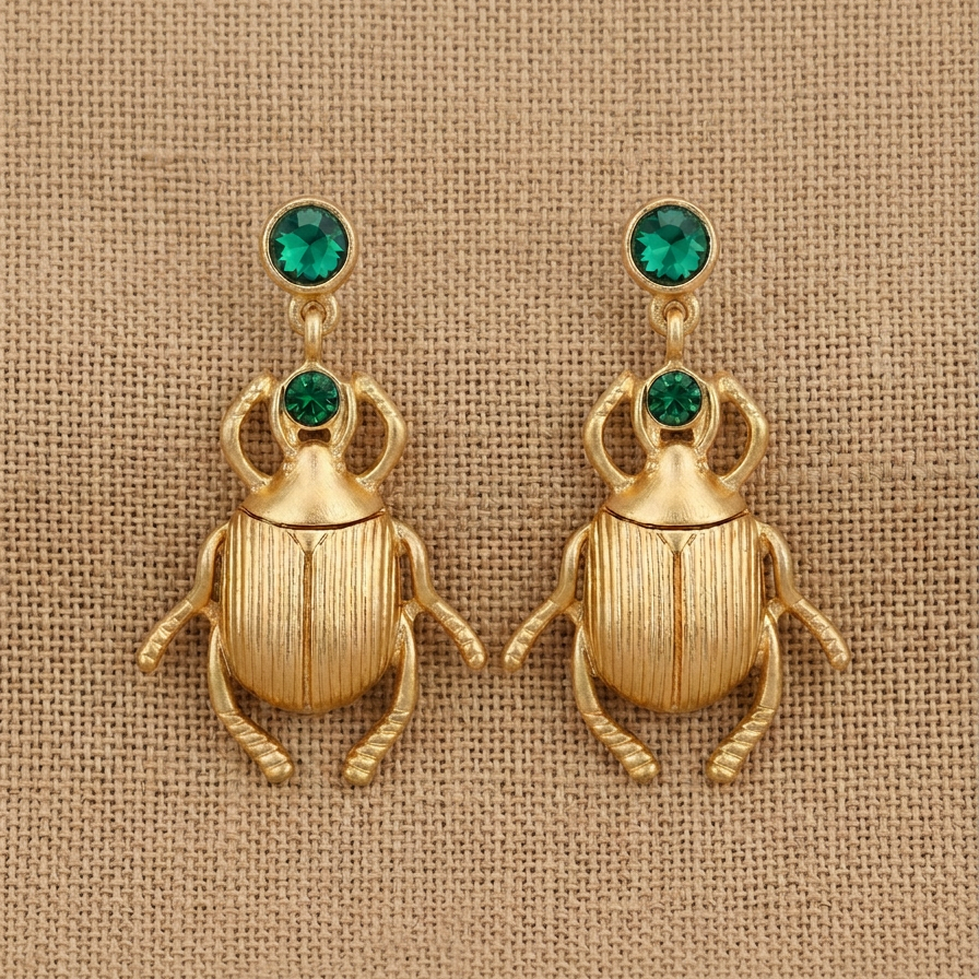 A pair of gold beetle-shaped earrings with green gemstone accents, displayed on a textured beige fabric background.