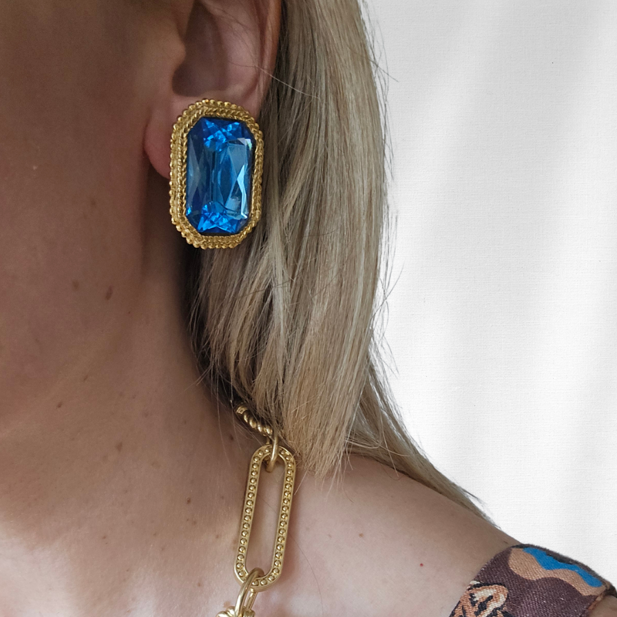 Vintage Emerald-Cut Blue Crystal Earrings