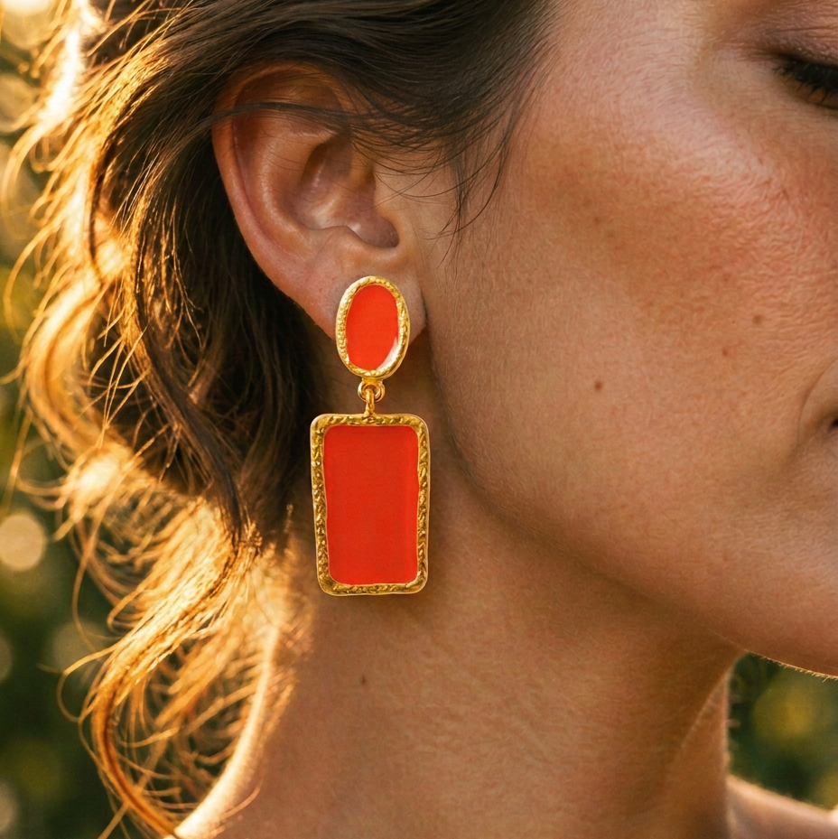 Vintage 90s Gold-Tone Coral-Orange Clip-On Dangle Earrings