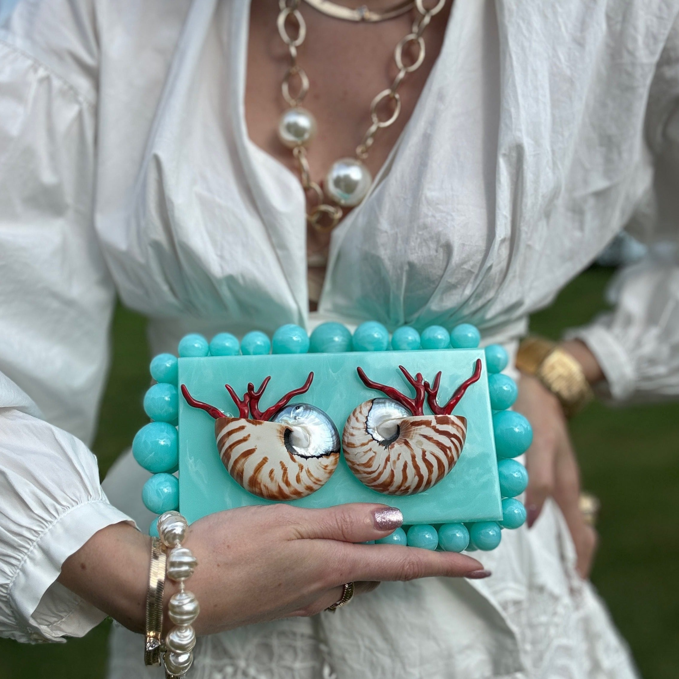 Custom Shell Clutch Purse With Pearls and Coral
