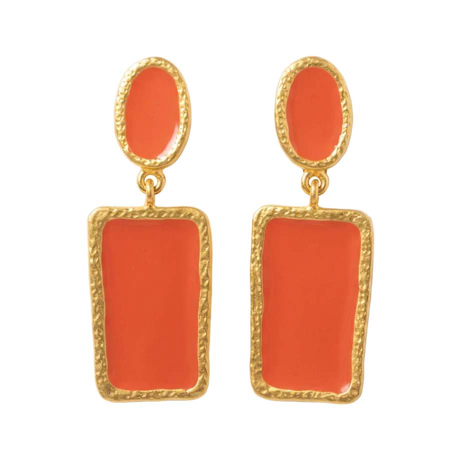 Vintage 90s Gold-Tone Coral-Orange Clip-On Dangle Earrings