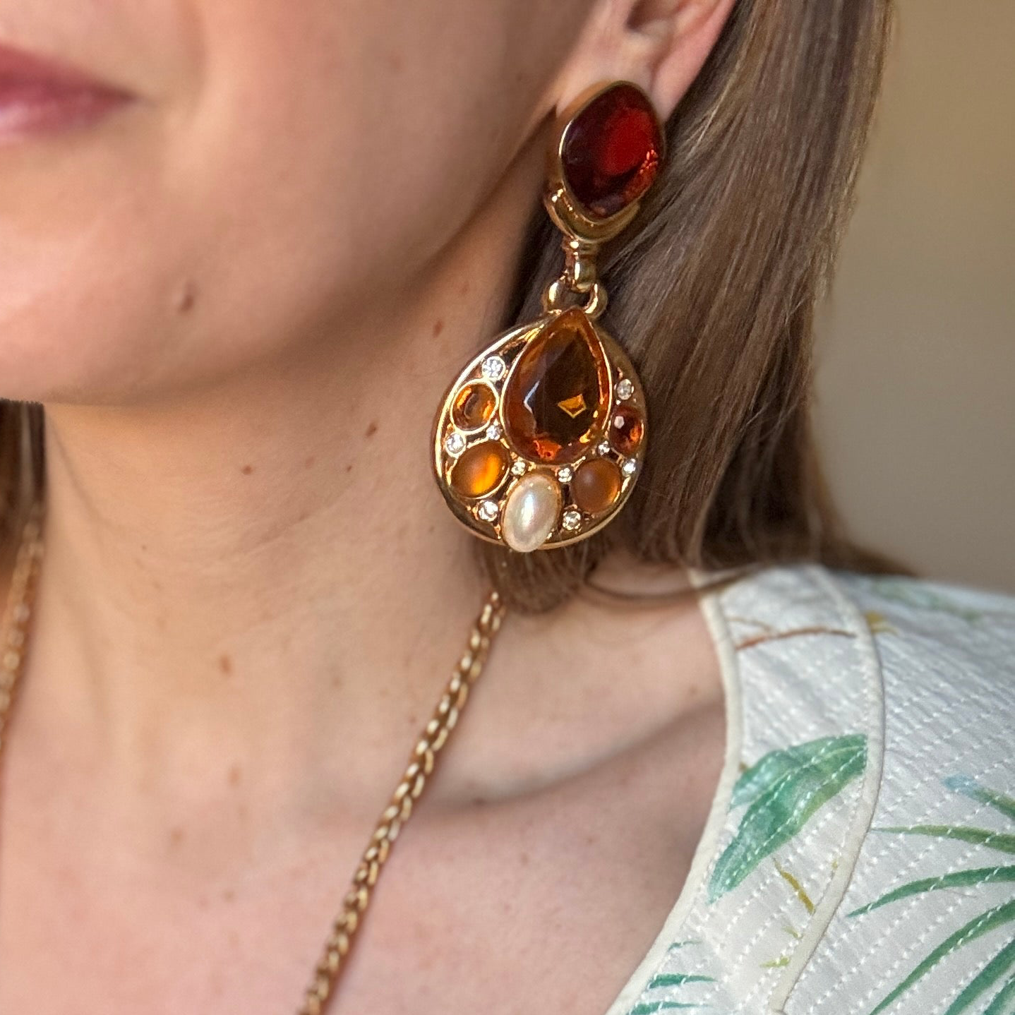 Vintage Designer Citrine, Topaz Crystal & Pearl Earrings