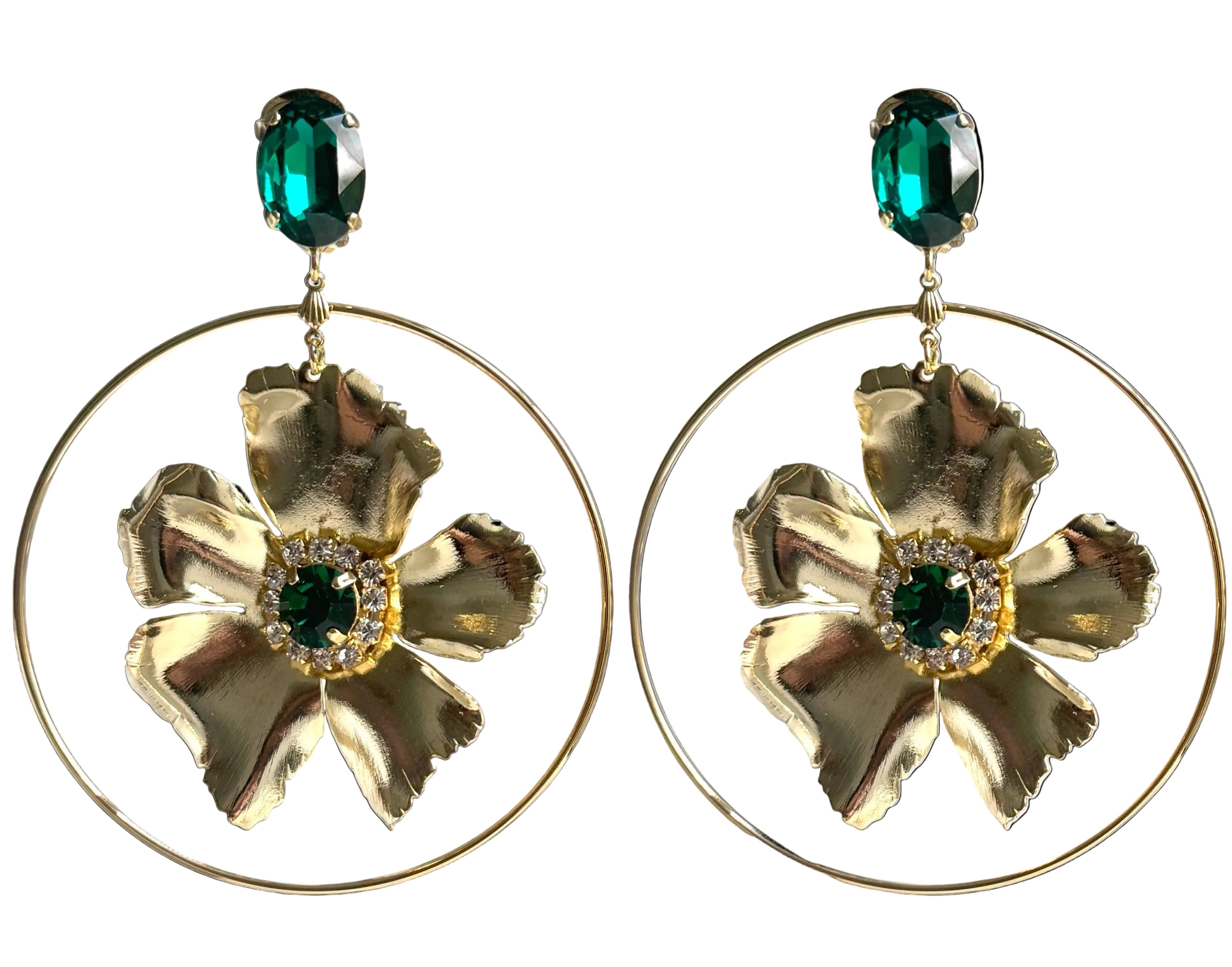 Hayden Emerald Gold Flower Hoop Earrings
