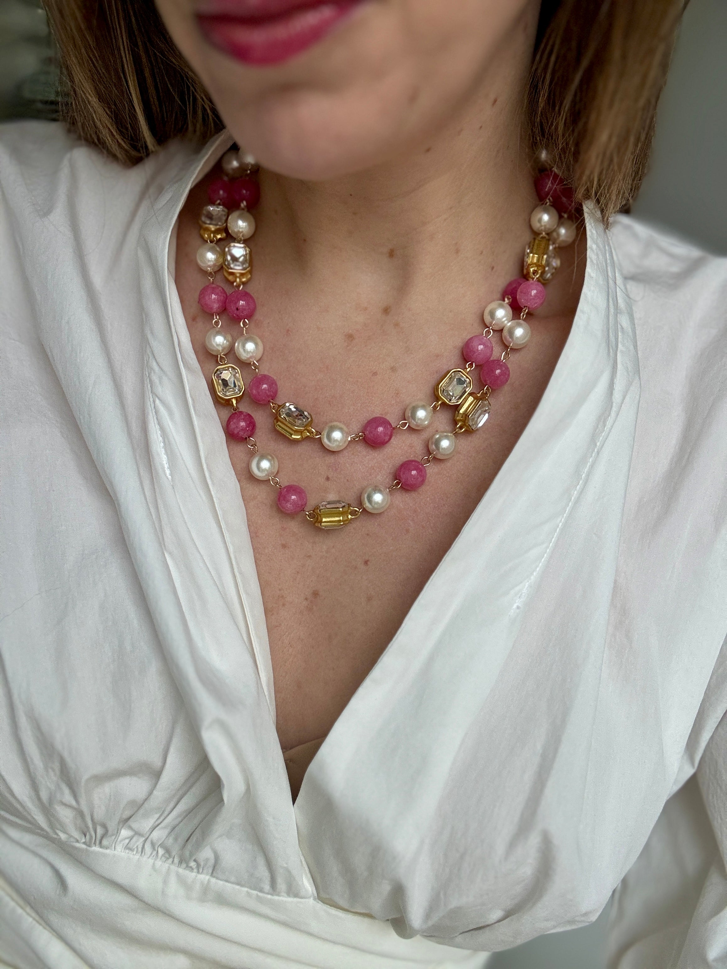 French Blue or Pink Glass Long Pearl Necklace