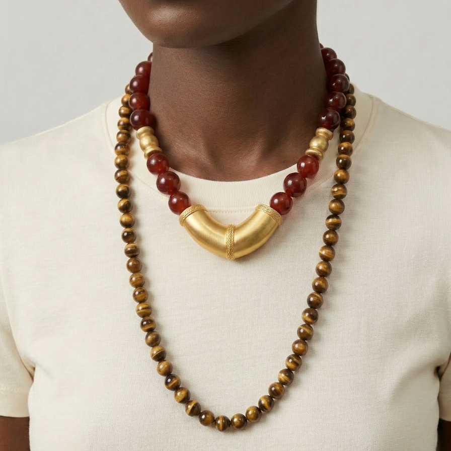 Vintage Etruscan Carnelian Bead Necklace With Gold Pendant