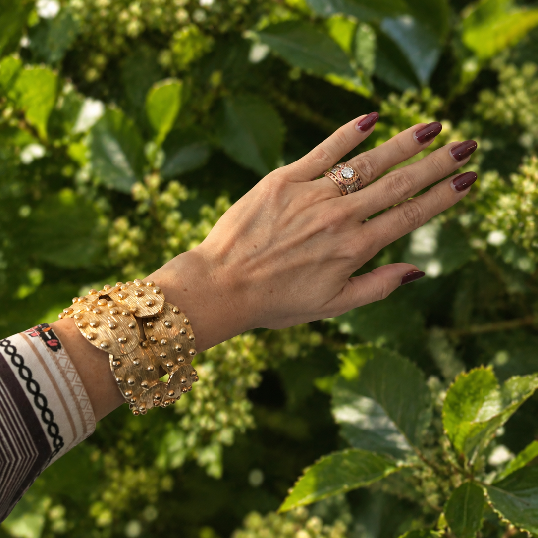 Vintage Gold-Tone Textured Wide Hinged Cuff Bracelet