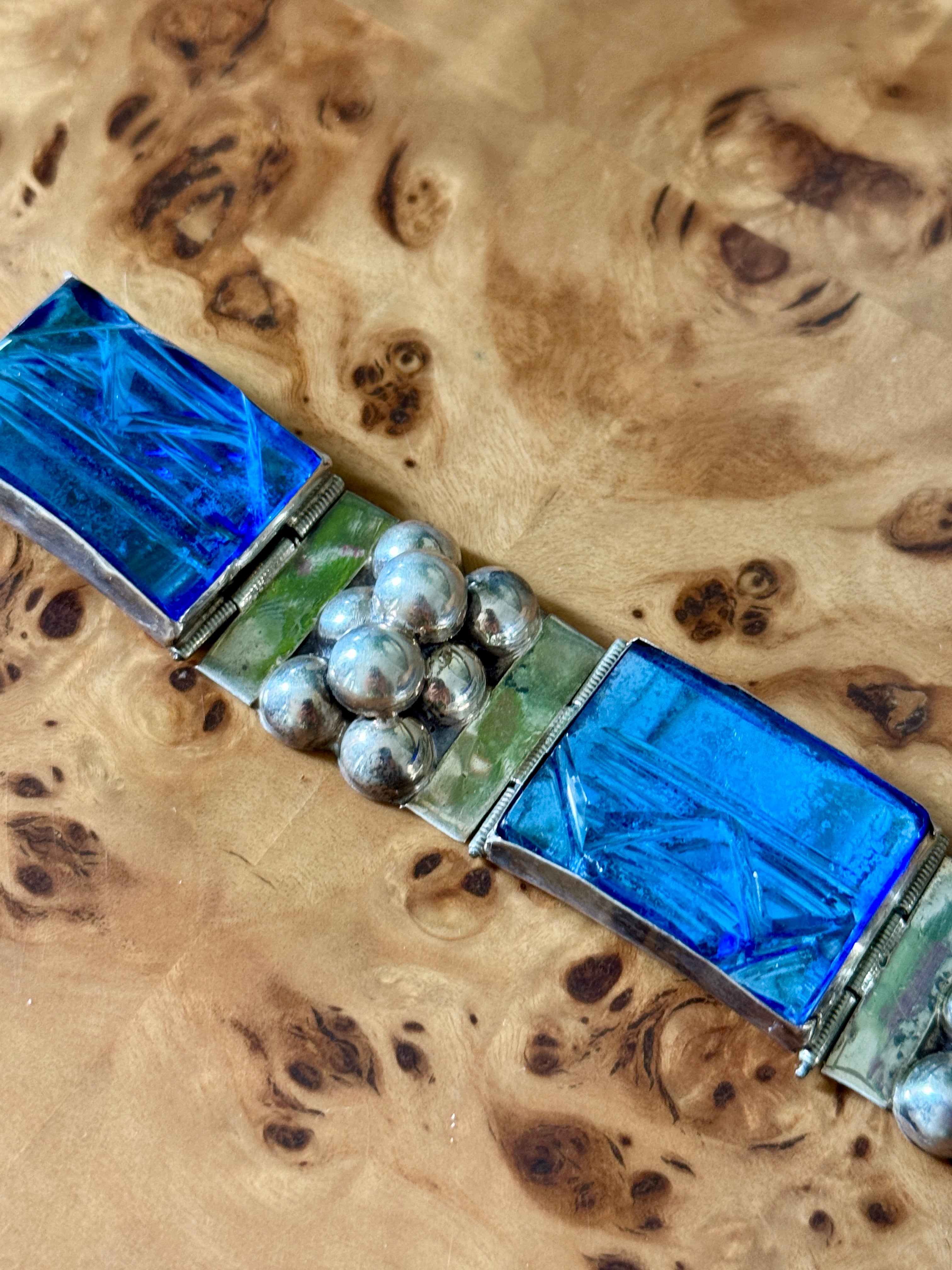 Vintage 1940s Mexican Sterling Silver & Blue Glass Bracelet