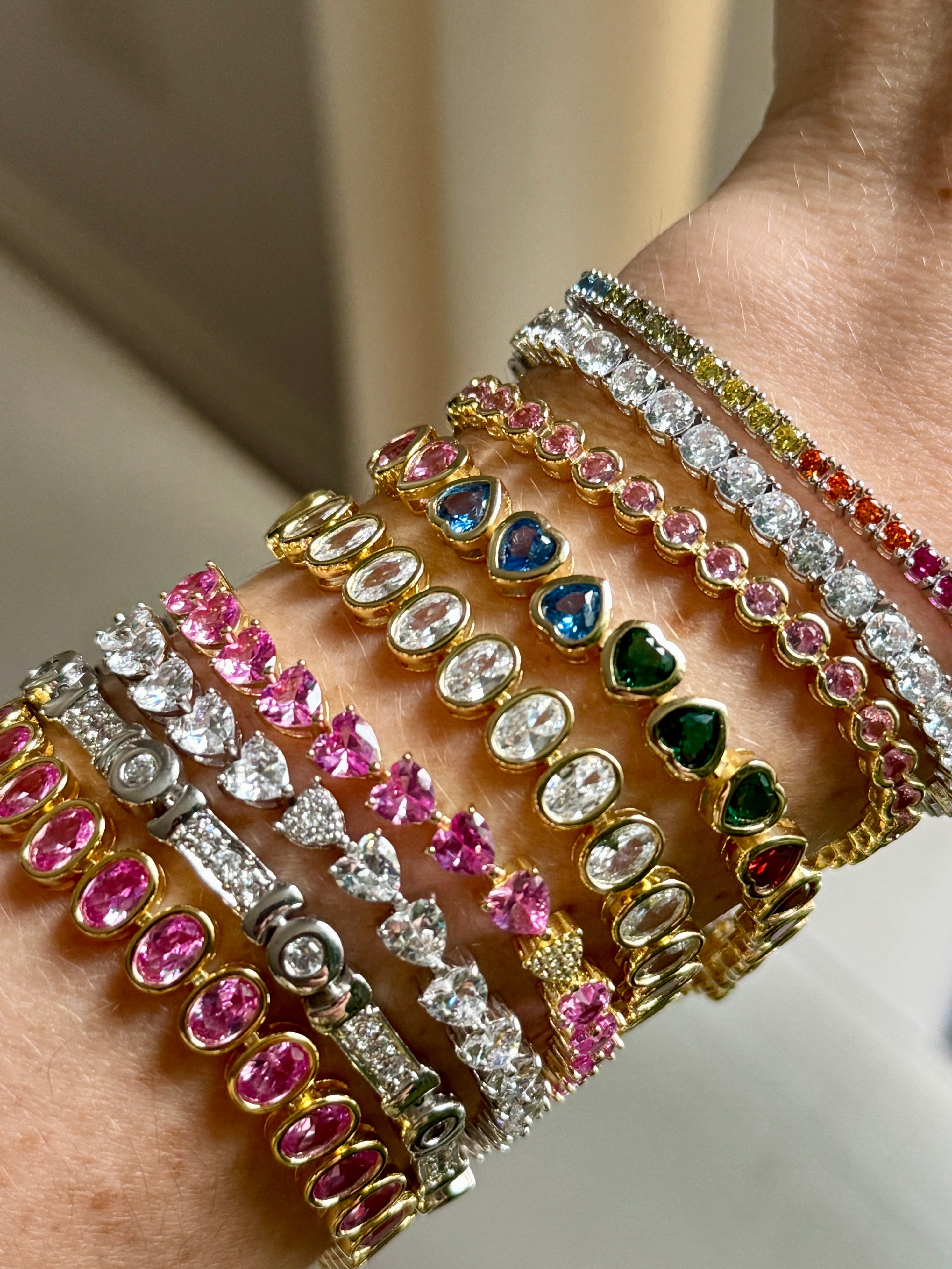 Pink, Blue or Emerald Green Crystal Heart Tennis Bracelet
