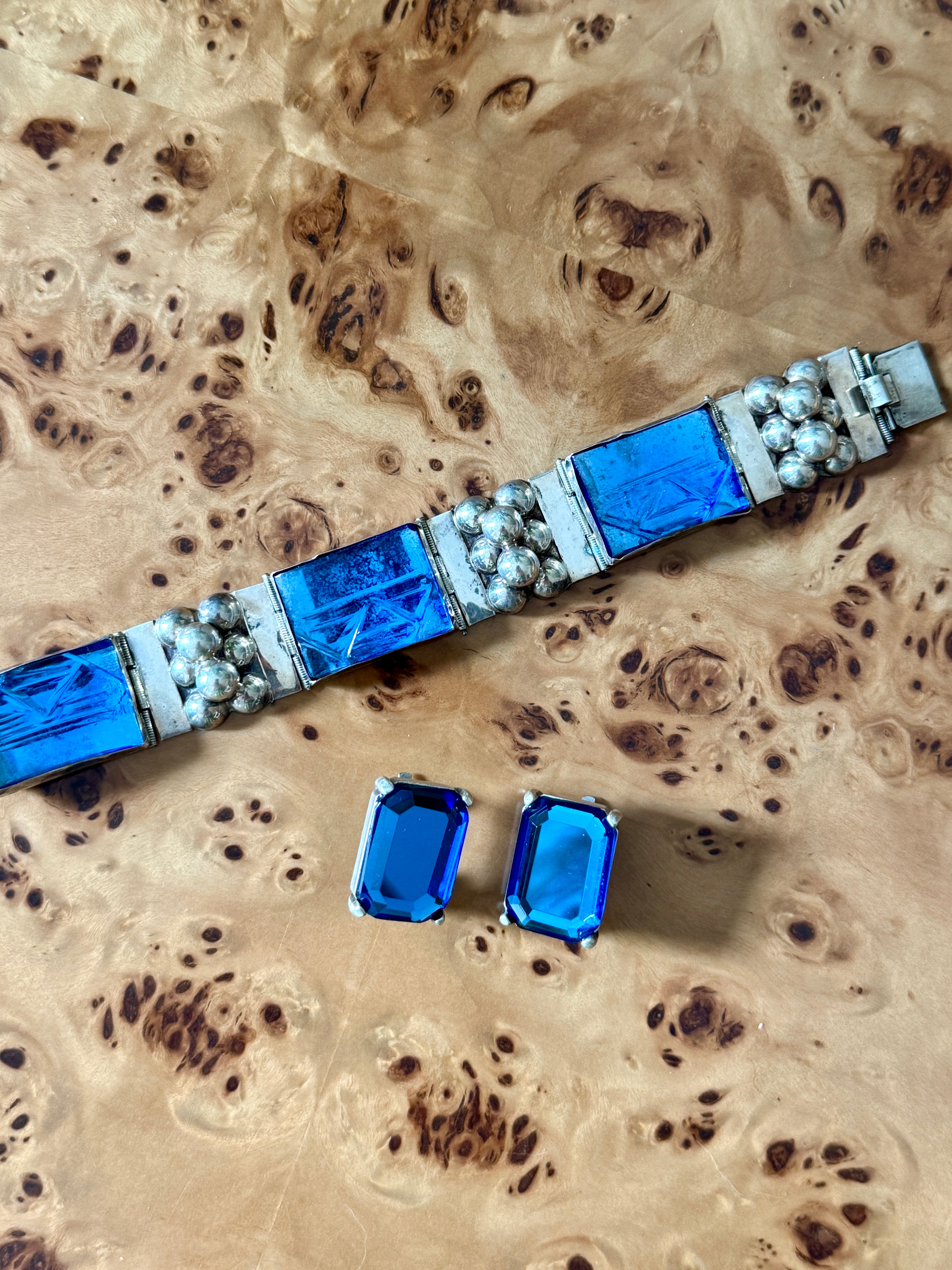 Vintage 1940s Mexican Sterling Silver & Blue Glass Bracelet