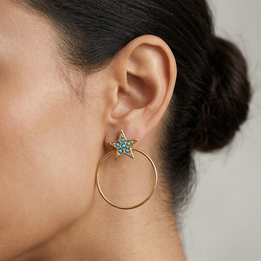 Vintage Italian Gold Hoops with Blue Stars Post Back