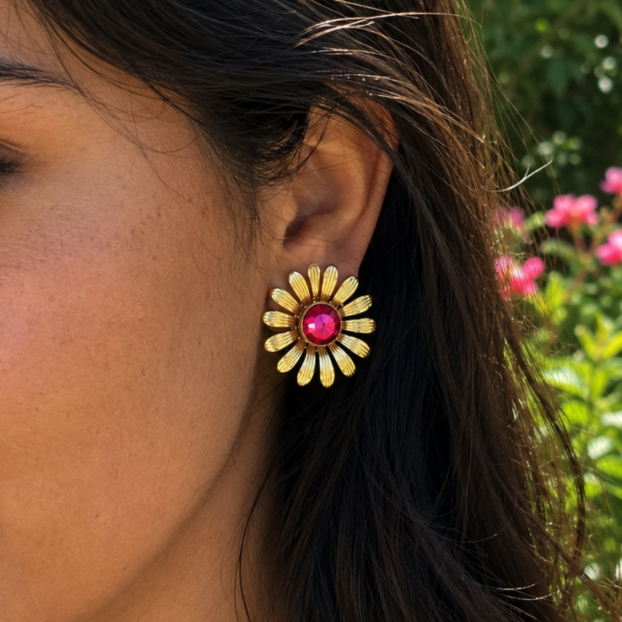 Vintage Italian Gold & Pink Crystal Daisy Earrings