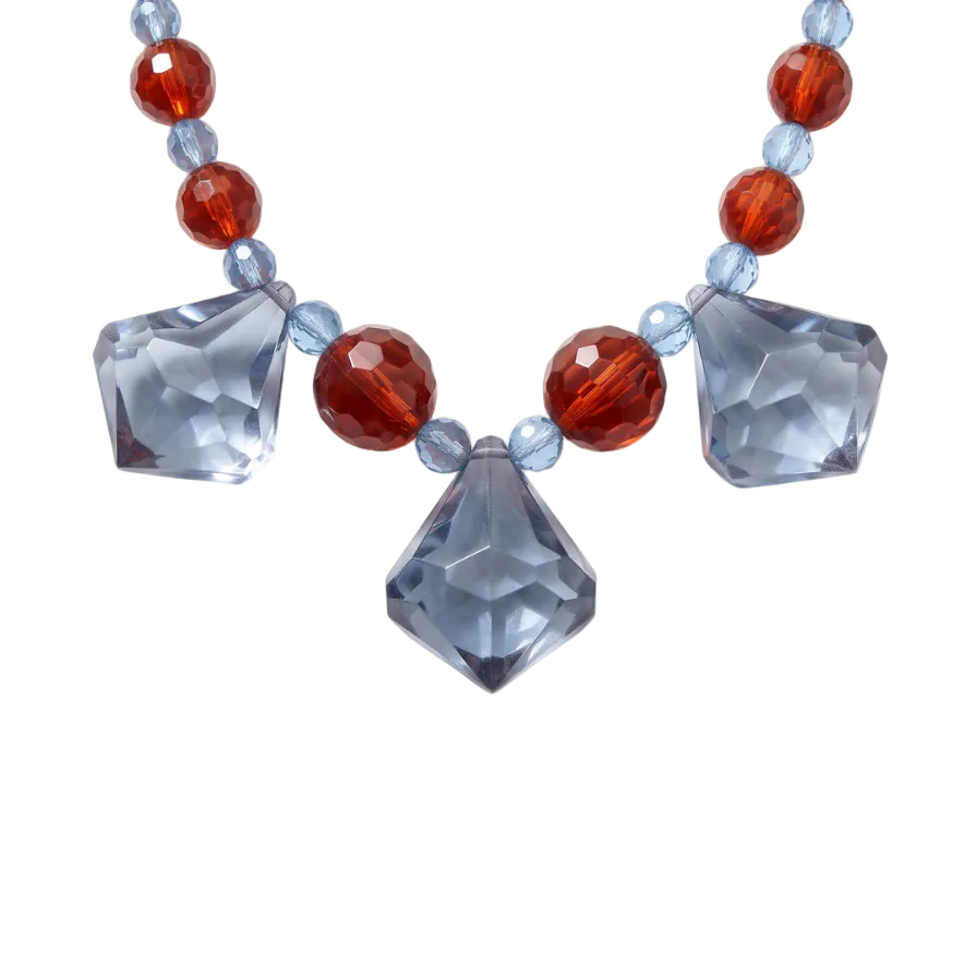 A beaded necklace featuring faceted light blue gemstone-like drops at the center, separated by round translucent amber-red beads and small light blue faceted beads, shown on a plain white background.
