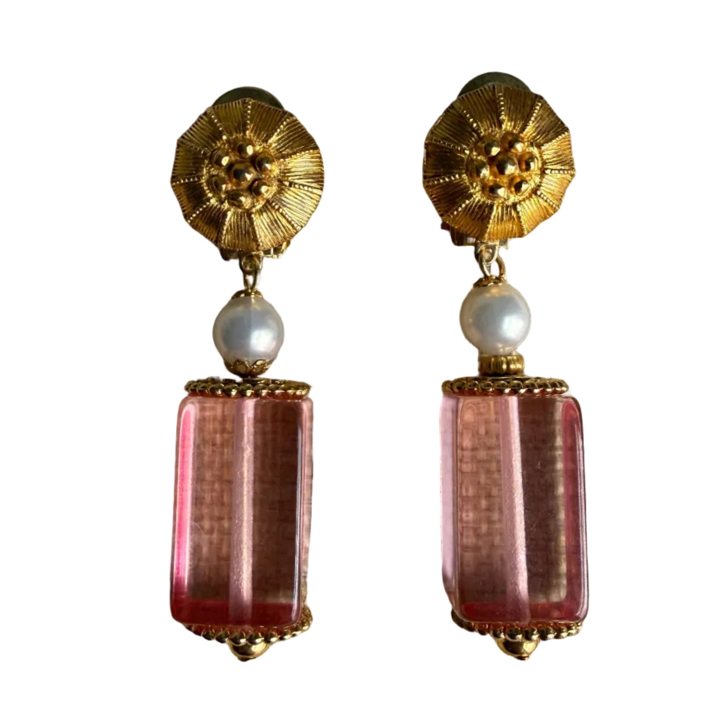 Vintage 60s French Pink Lucite & Pearl Earrings