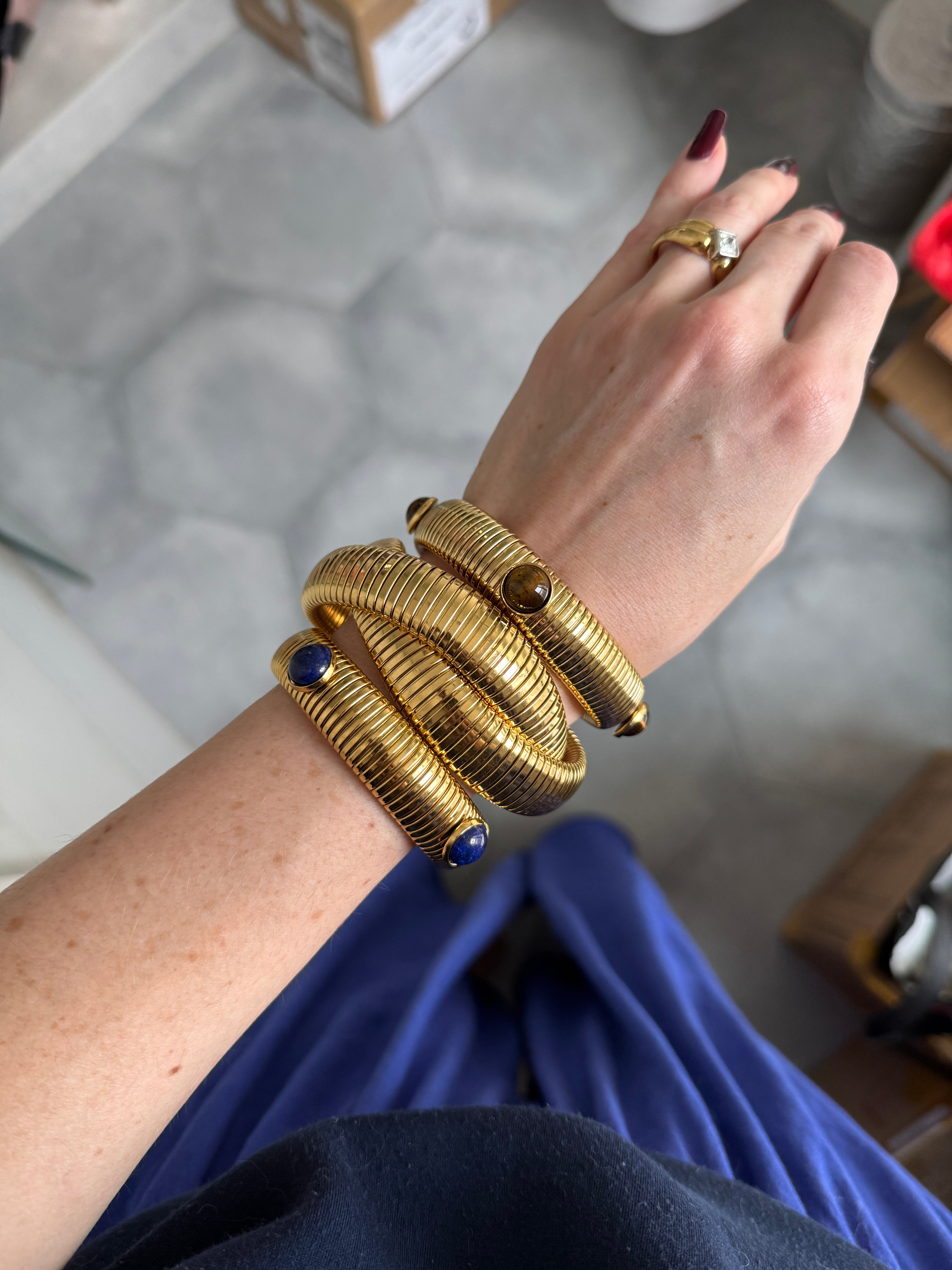 Tiger's Eye or Lapis Gold Plate Omega Bracelet