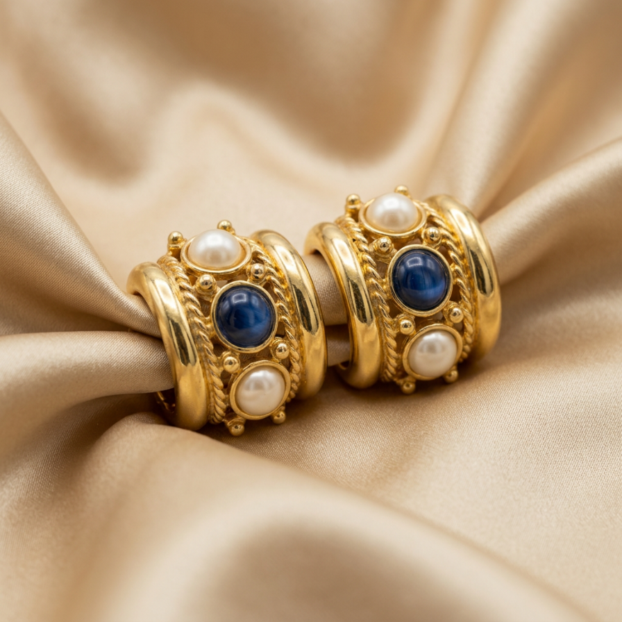 Joan Rivers Earrings with Blue Cabochons & Faux Pearls