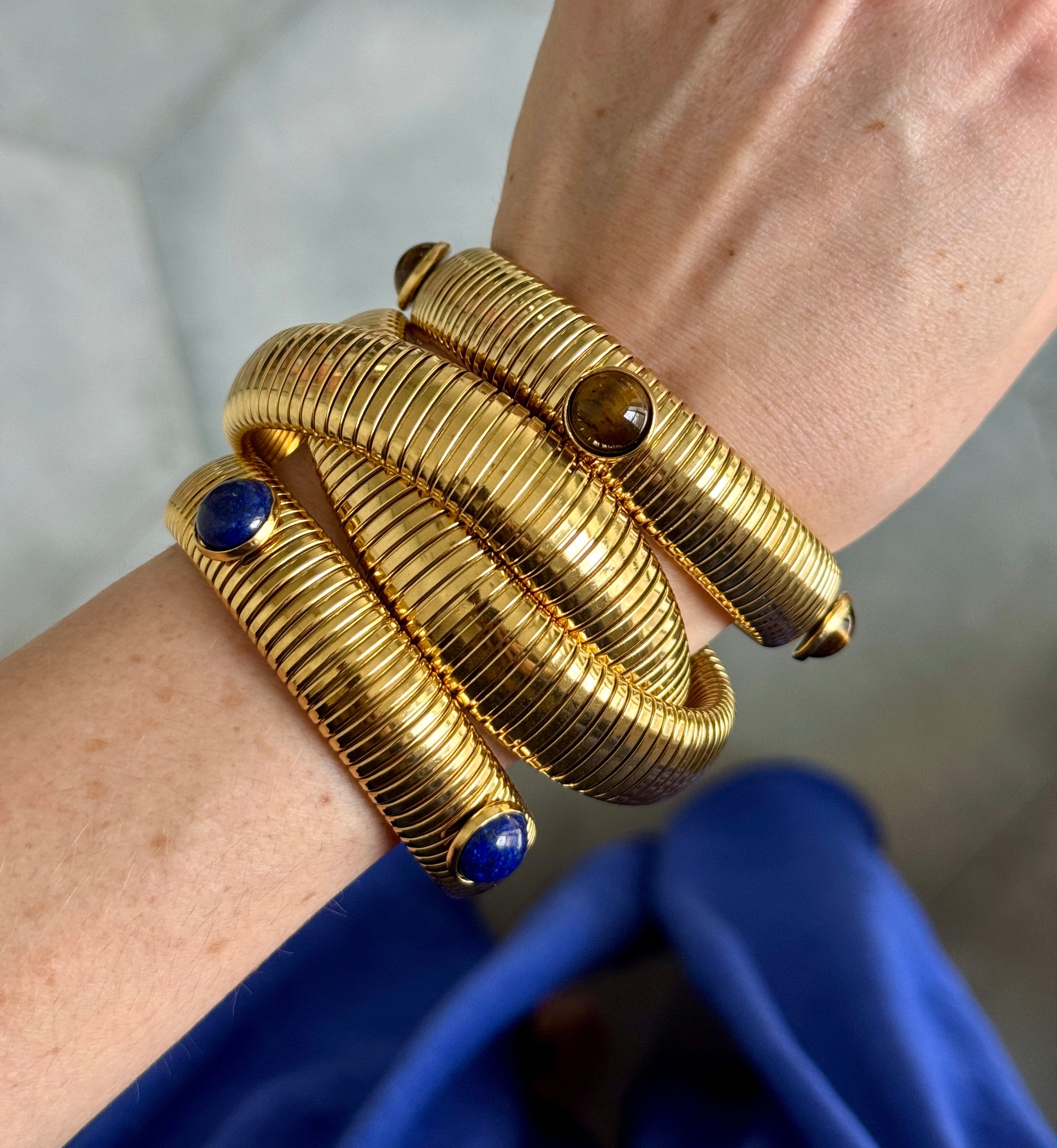 Tiger's Eye or Lapis Gold Plate Omega Bracelet