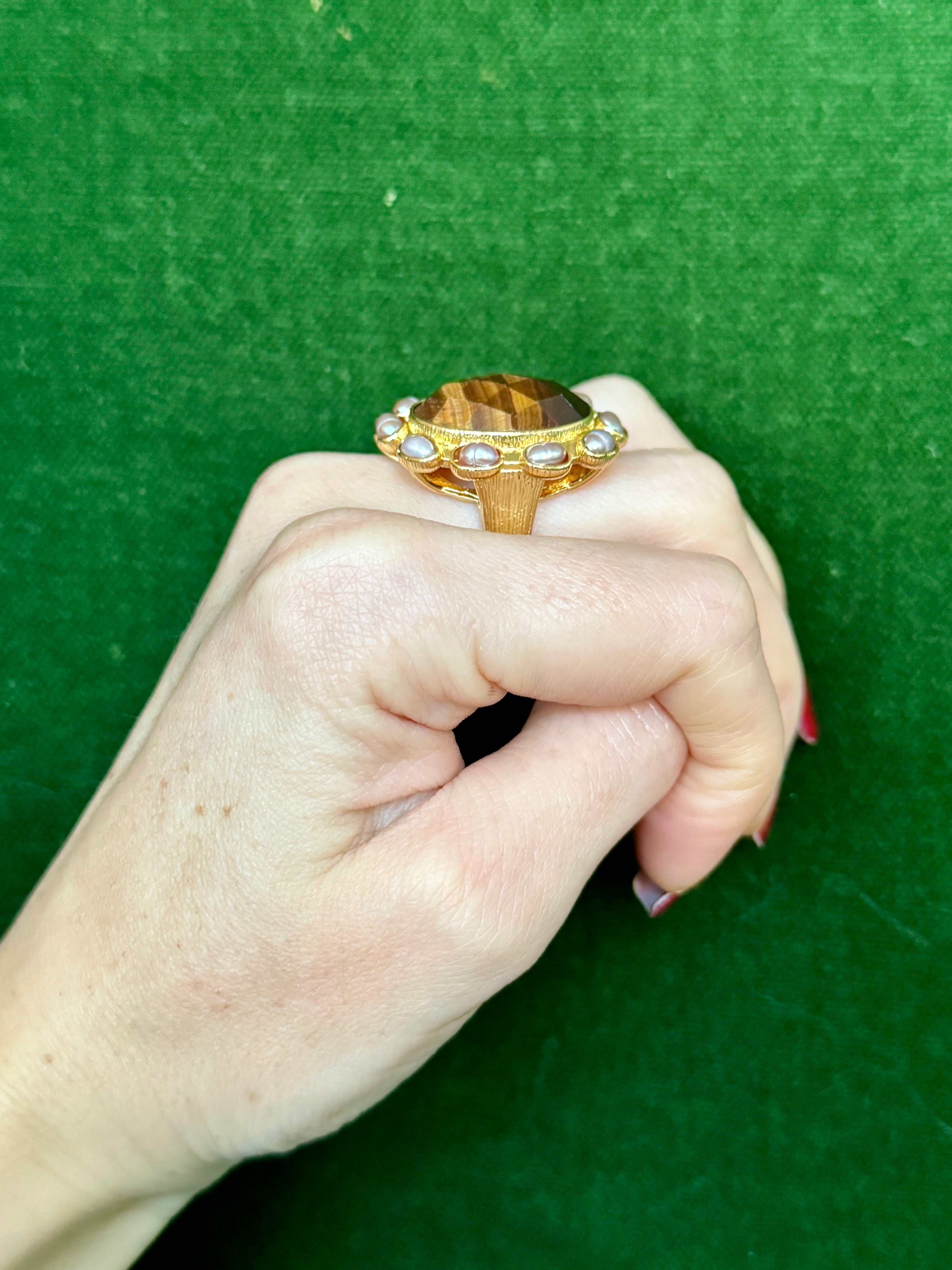 Tiger’s Eye & Pearl Cocktail Ring