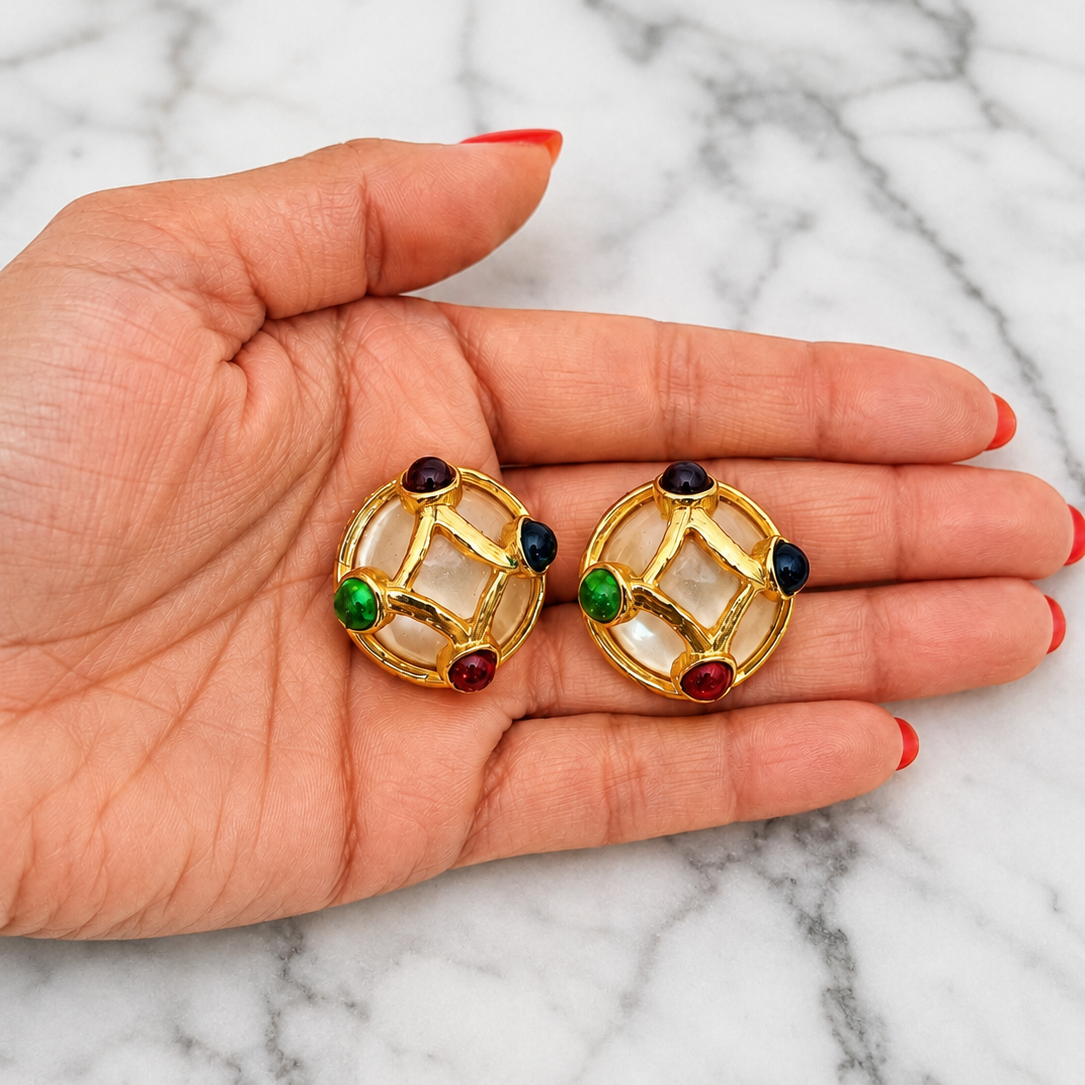 80s Pearl Earrings with Colored Glass Cabochons