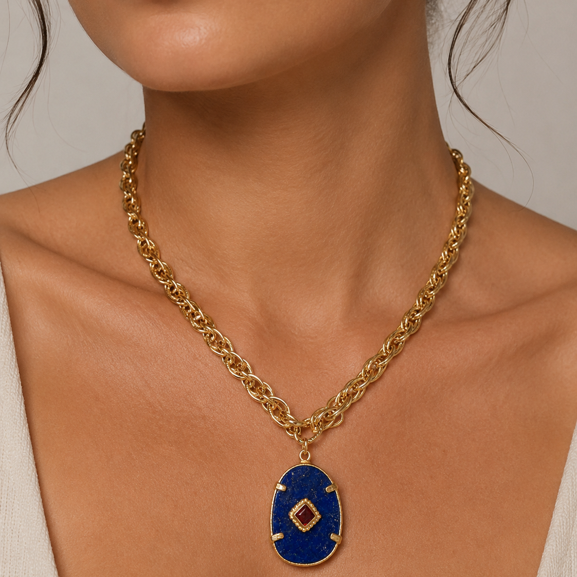 French Lapis & Garnet Pendant Necklace